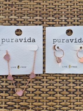 Pura Vida Rose Gold Plated Heart Jewlery Set Necklace & Earrings Mother of Pearl
